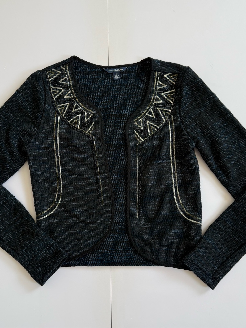 American Eagle Outfitters Black Blue Metallic Chain Knit Cardigan Bolero Boho S